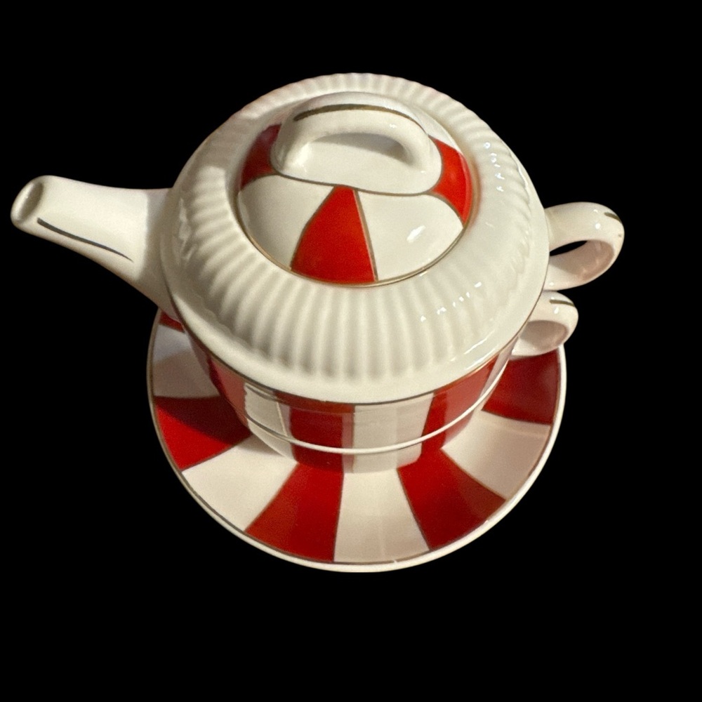 Red/White Striped Peppermint Grace Teaware Teapot set for one!(3-P) - Picture 2 of 7